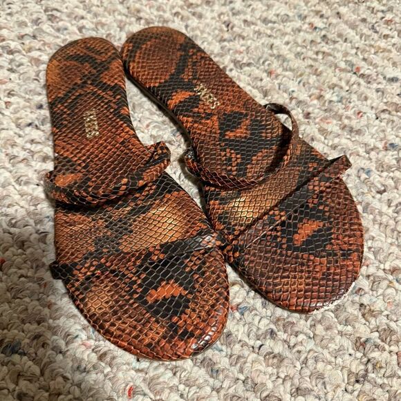 Tkees Gemma Coco Snake Print Sandals Brown Vegan Leather Double Straps Size 8 - Picture 1 of 4